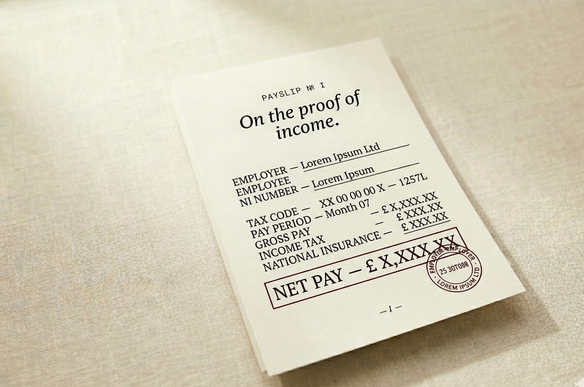 A formal UK payslip on cream linen, the NET PAY figure enclosed in a thin oxblood-burgundy rectangular outline, with a small circular employer's ink seal at the lower right — the figures an underwriter cross-checks against the bank statement.